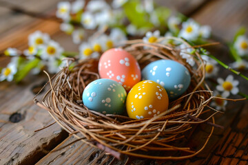 Fototapeta na wymiar Painted Easter eggs in spring nest
