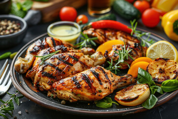 Chicken seasoned with herbs, served on a board