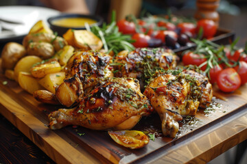 Board with roasted chicken seasoned with herbs