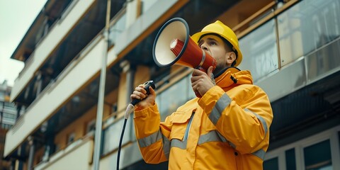 Fireman uses megaphone to announce emergency evacuation in a building, urging occupants to escape to safety. Concept Emergency Announcement, Fire Drill, Building Evacuation, Megaphone Usage - obrazy, fototapety, plakaty