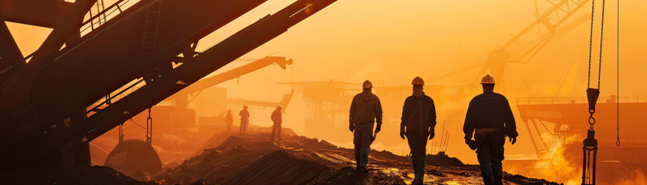 Gloomy economic forecast, coal miners' silhouettes, gas haze, dawn light for text