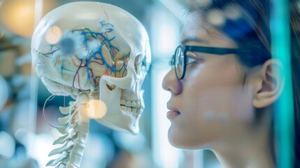Woman Observing Skeleton in Glass Case