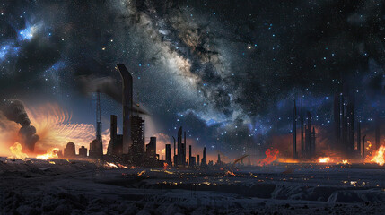 Dystopian city powered by coal and gas, economic ruins, starry night with text space - obrazy, fototapety, plakaty