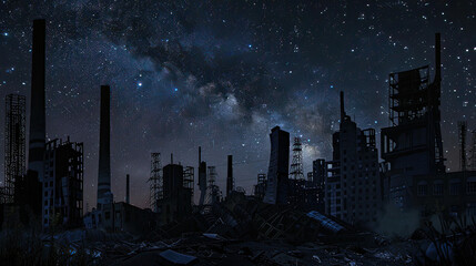 Dystopian city powered by coal and gas, economic ruins, starry night with text space - obrazy, fototapety, plakaty