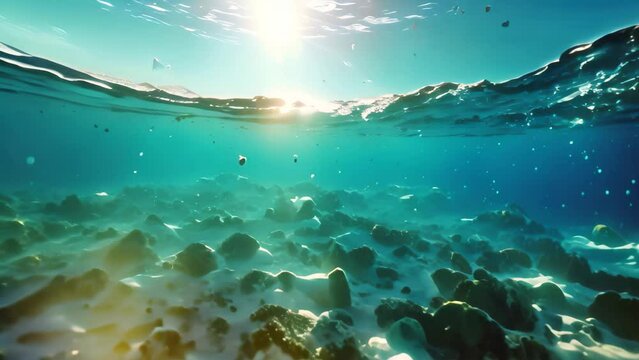 An alarming photo capturing the shocking reality of numerous waste items polluting our oceans, Underwater view of a pile of garbage in the ocean, 3D rendering, AI Generated