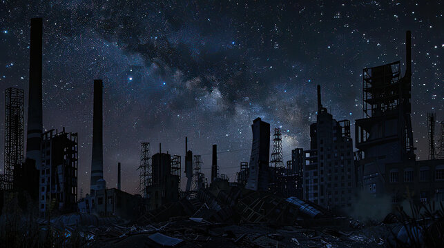 Dystopian city powered by coal and gas, economic ruins, starry night with text space