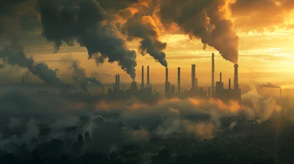 Fotobehang carbon emissions represented by smoke billowing, a thick smog. The environmental consequences of industrial pollution. Generative AI © xpert