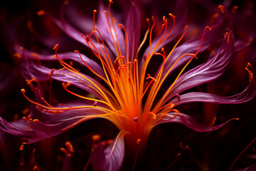 Close up of Bahraman saffron flower pistil under macro lens. Macro photography