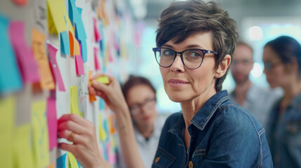 Team members engage with a colorful array of sticky notes on a wall.