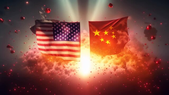 Two flags burn in the midst of a blazing fire, creating a captivating and powerful image, USA vs China flag on fire, with fire separating the two flags, AI Generated