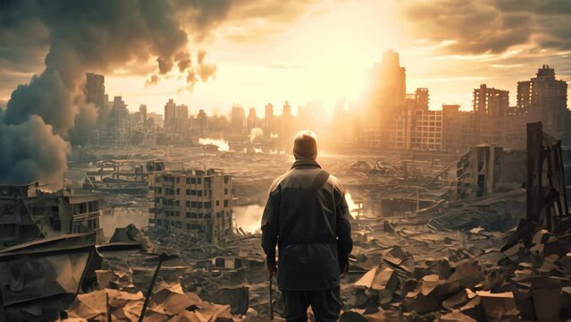 A lone man stands amidst the ruins of a city that has been completely destroyed, War Concept, A military man in World War II uniform stands against the backdrop of destroyed buildings, AI Generated