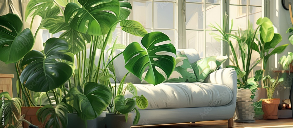 Sticker The living room is abundant with potted plants, creating a natural and serene atmosphere. A cozy couch completes the botanical oasis