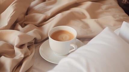 Coffee on bed with open book. Still life