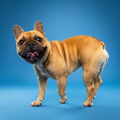 Beautiful french bulldog dog isolated on blue background. looking at camera . front view. dog studio portrait.happy dog .dog isolated .puppy isolated .puppy closeup face,indoors.blue background .