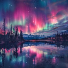 The aurora borealis illuminating a serene lake, its colors reflected in the water, creating a moment of pure bliss and wonder