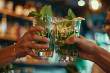 Close-up of friends clinking mojito cocktail glasses at bar or restaurant, celebrating and having fun together - obrazy, fototapety, plakaty