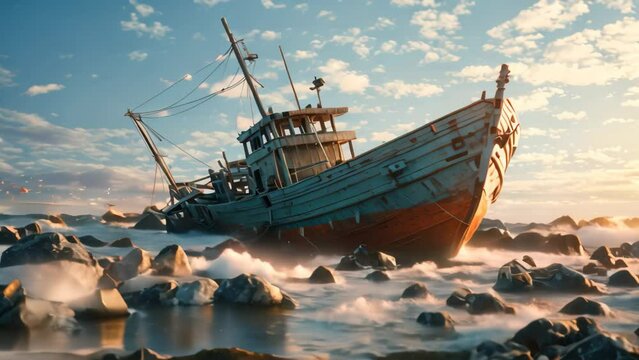 A serene image of a boat peacefully resting on the still surface of the water, Wreck of a fishing boat in the sea, 3D render, AI Generated
