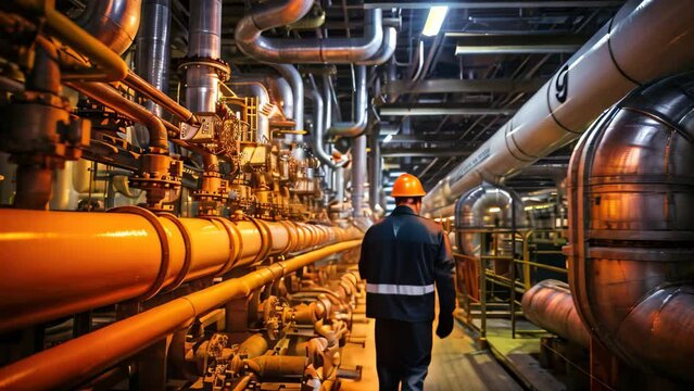 Man in Hard Hat Standing in Front of Pipes, Worker supervisor in district heating plant doing quality control and inspection of pipes and valves, AI Generated