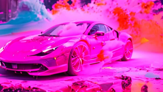 This photo showcases a stunning pink sports car adorned with vibrant splatters of colorful paint, Young man washes his sports car created with generative, AI Generated
