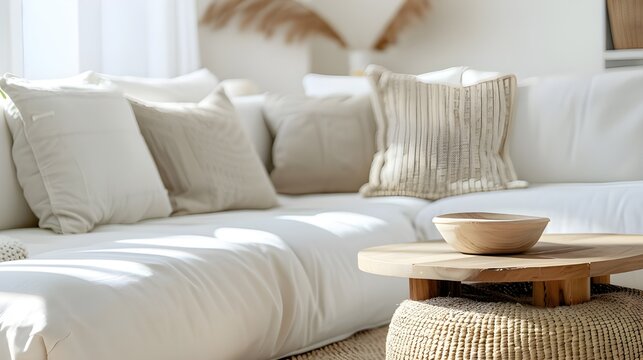 Close up of round rustic wood coffee table near white fabric sofa with different pillows. Boho, farmhouse home interior design of modern living room.