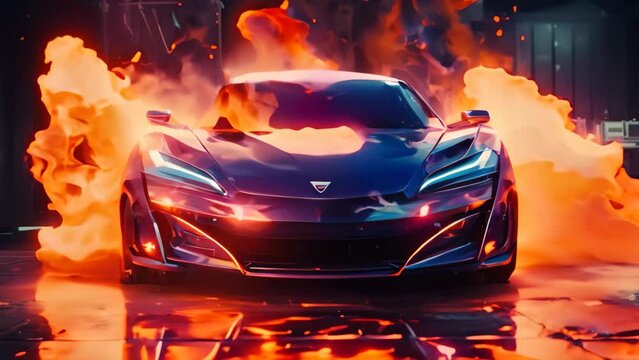 A blue sports car speeds down the track with flames shooting out from its exhaust, Young man washes his sports car created with generative, AI Generated