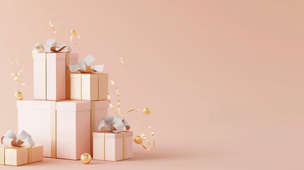 Minimalist 3D-rendered gift boxes, perfect backdrop for festive offers text