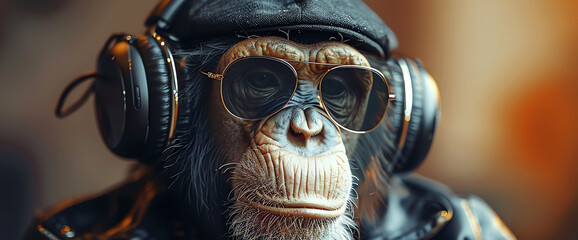chimpanzee with headphone, AI generated