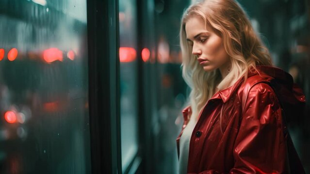A woman wears a red jacket as she looks out a window, taking in the view, Young woman waiting for bus in rain, AI Generated