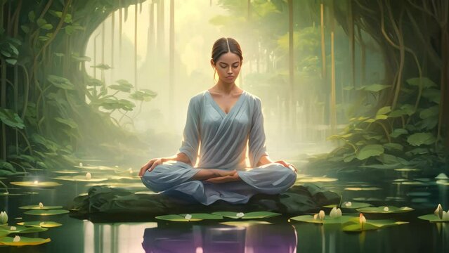 Painting of Woman Sitting in Lotus Position, Zen moment, woman in lotus pose, lost in thought within a verdant meditation garden banner, AI Generated