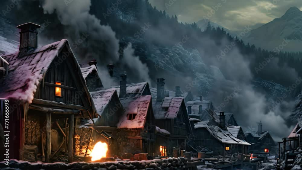 Wall mural fantasy image of a small village in the mountains at night, ai generated