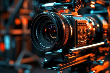 Close-up of a professional video camera lens, film and television production equipment, 3D render on black background