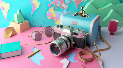 Influencer's travel vlog setup, 3D render of camera and map, adventurous text space