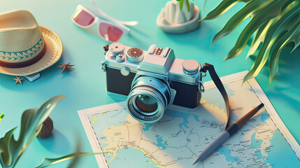 Influencer's travel vlog setup, 3D render of camera and map, adventurous text space