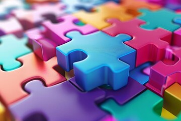 Close up of colorful puzzle blocks, problem solving and logical thinking concept, 3D illustration - obrazy, fototapety, plakaty