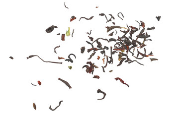 Macro black Darjeeling tea, dried leaves isolated on white, top view