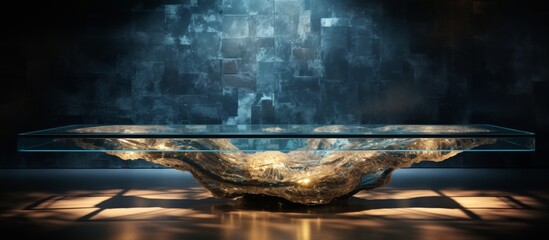 A glass table rests on a wood floor in a dimly lit room, creating a contrast between the...