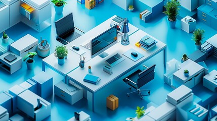Dynamic 3D isometric workspace illustrating the essence of flexibility in modern business adaptable and fluid - obrazy, fototapety, plakaty