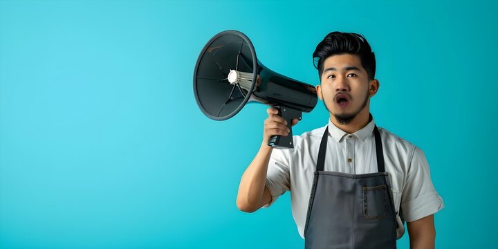 Promotion Announcement by Asian Barista in Coffee Shop: Barista Holding Megaphone on Blue Background. Concept Promotion Announcement, Asian Barista, Coffee Shop, Megaphone, Blue Background