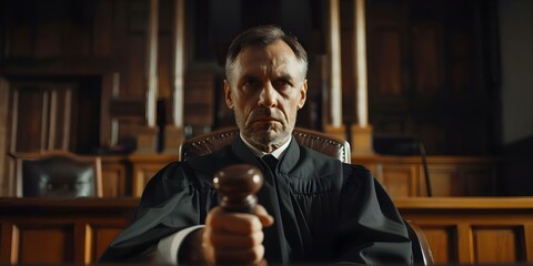 A male judge holding a gavel about to pass a sentence in a courtroom. Concept Justice, Law, Courtroom, Legal System, Judgement - obrazy, fototapety, plakaty
