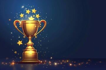Champion golden trophy with stars on dark blue background, success and victory concept, AI generated art
