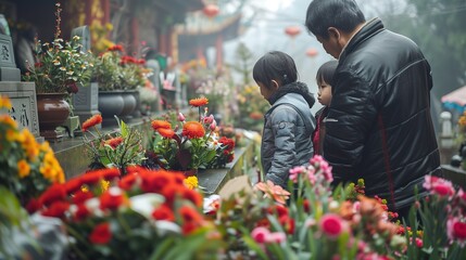 the scenic landscapes of cemeteries adorned with flowers and burning incense during Ching Ming festival - obrazy, fototapety, plakaty
