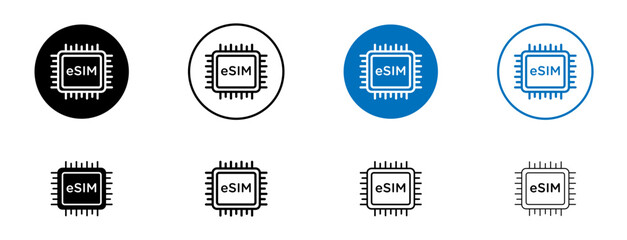 ESIM vector icon set. smartphone digital virtual sim vector sign. E simcard sign in black and blue color.