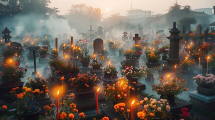the scenic landscapes of cemeteries adorned with flowers and burning incense during Ching Ming festival