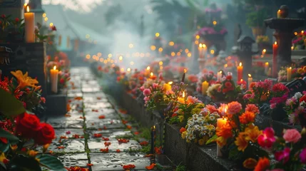 Fototapeten the scenic landscapes of cemeteries adorned with flowers and burning incense during Ching Ming festival © sergiokat