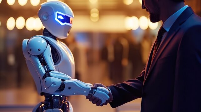Business handshake between robot and human partners or friends, partnership technology innovation