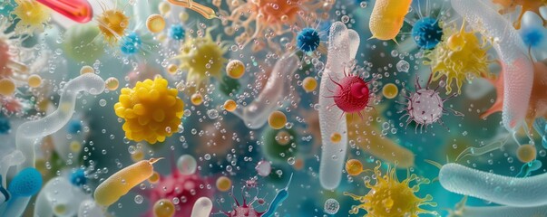 Viruses and bacteria seen under a microscope, magnified view in transparent liquid solution.