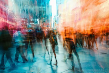 Busy crowded public place with blurred motion of people passing by, abstract digital art - obrazy, fototapety, plakaty