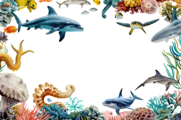Cercles muraux Vie marine Sea Animals Border Frame Isolated On transparent