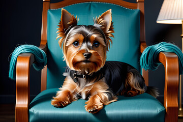 A Yorkshire Terrier dog lies in a small chair and looks straight. Portrait, home comfort
