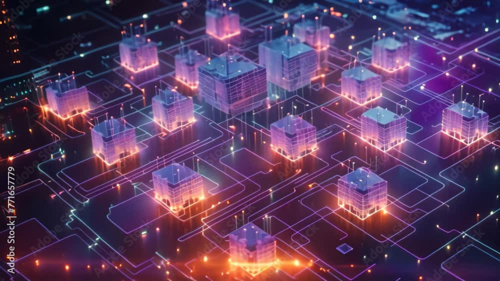 Poster Abstract digital background with circuit board and blue lights. 3D Rendering, Big data flow with cyber blockchain on a circuit board with blue network system, AI Generated